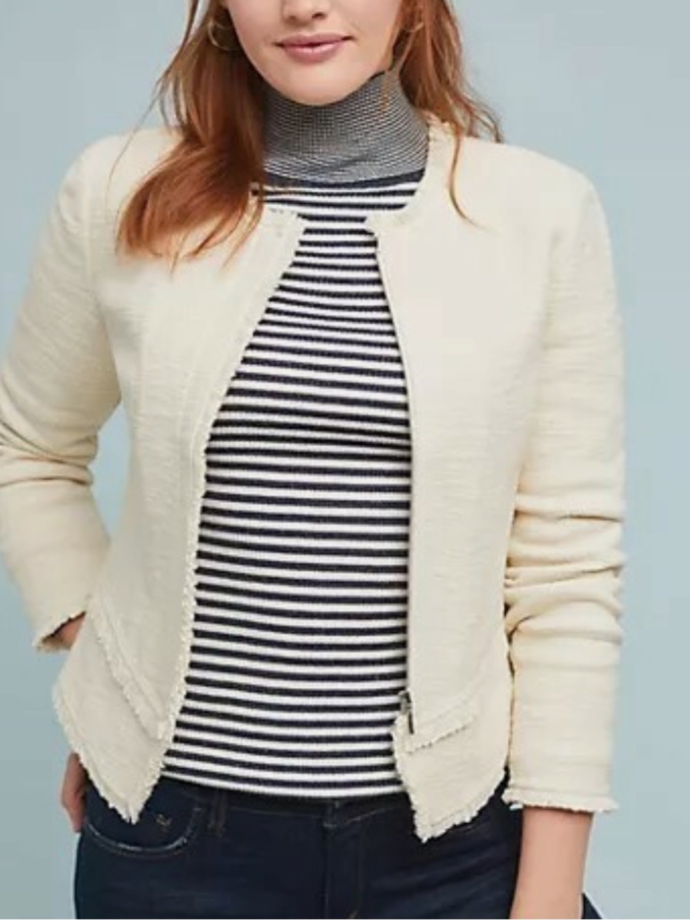 Anthropologie Zip Up Frayed-Edge Knit Jacket XL
